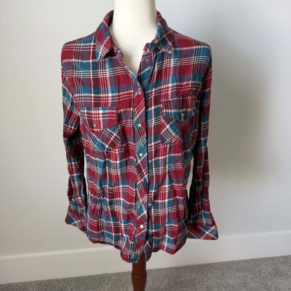 KUT from the Kloth Plaid Flannel Shirt Size M Burgundy Blue Button-Up
